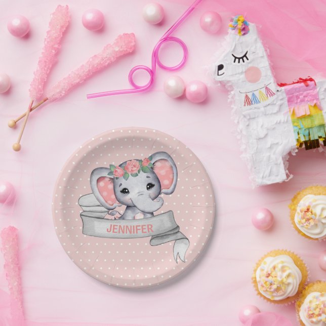 Personalised Name Elephant Baby Girl Pink & Grey P Paper Plate (Party)
