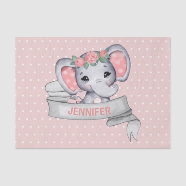 Personalised Name Elephant Baby Girl Pink & Grey Tissue Paper (Front)
