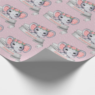Personalised Name Elephant Baby Girl Pink & Grey W Wrapping Paper