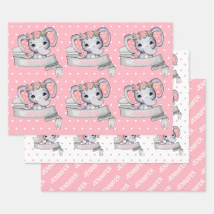 Personalised Name Elephant Baby Girl Pink Pattern Wrapping Paper Sheet