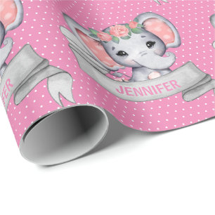 Personalised Name Elephant Baby Girl Pink Wrapping Paper