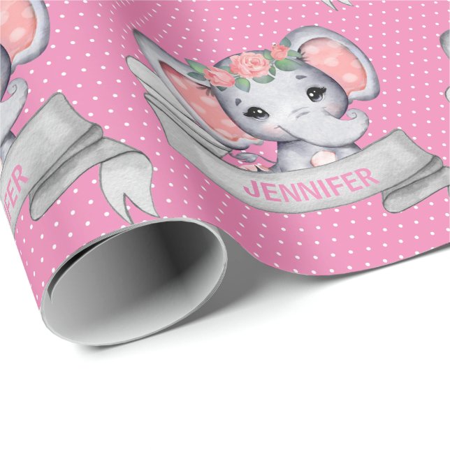 Personalised Name Elephant Baby Girl Pink Wrapping Paper (Roll Corner)