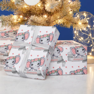 Personalised Name Elephant Baby Pink Girl Hearts Wrapping Paper