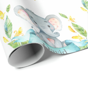 Personalised Name Elephant Baby Teal and Grey Wrapping Paper