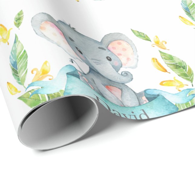 Personalised Name Elephant Baby Teal and Grey Wrapping Paper (Roll Corner)