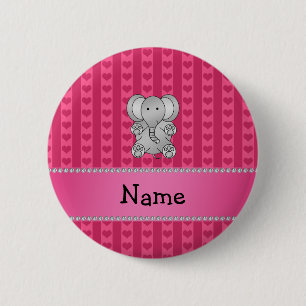 Personalised name elephant pink hearts and stripes 6 cm round badge
