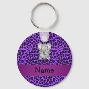 Personalised name elephant purple leopard print key ring