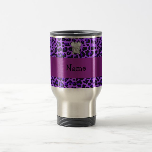Personalised name elephant purple leopard print travel mug (Center)