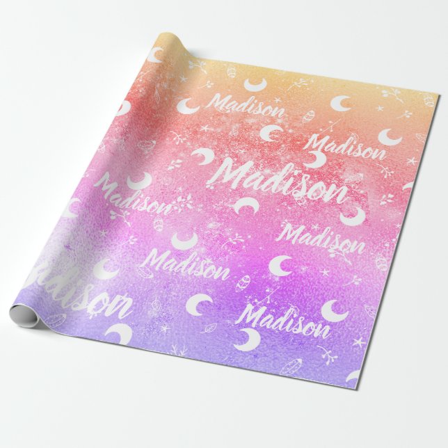 Personalised Name Fairy Rainbow Moon Girl Wrapping Paper (Unrolled)