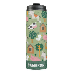 Personalised Name Farm Animal Kids Playful Green Thermal Tumbler