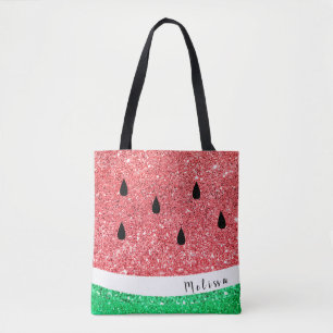 personalised name faux glitter watermelon tote bag