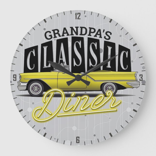 Personalised NAME Faux Neon Classic Car 50's Diner Large Clock (Front)