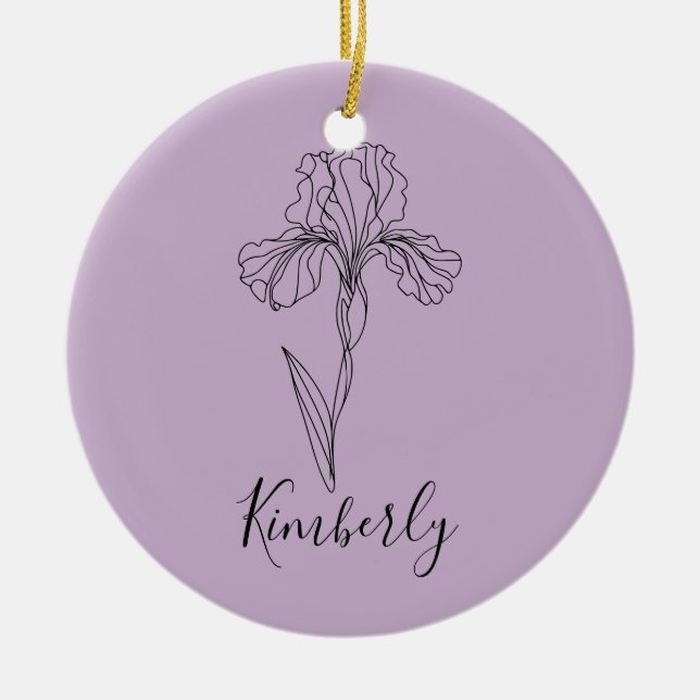 Personalised name February iris Birth Flower Ceramic Tree Decoration (Front)