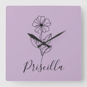 Personalised name February violet Birth Flower Square Wall Clock