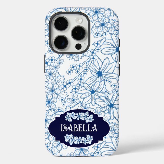 Personalised Name Feminine Blue Floral Pattern Case-Mate iPhone Case (Back)