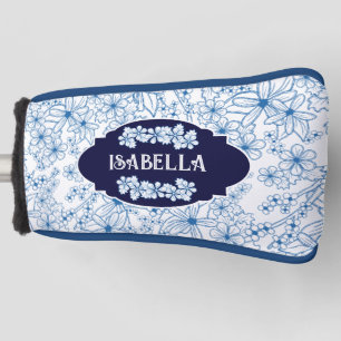 Personalised Name Feminine Blue Floral Pattern Golf Head Cover
