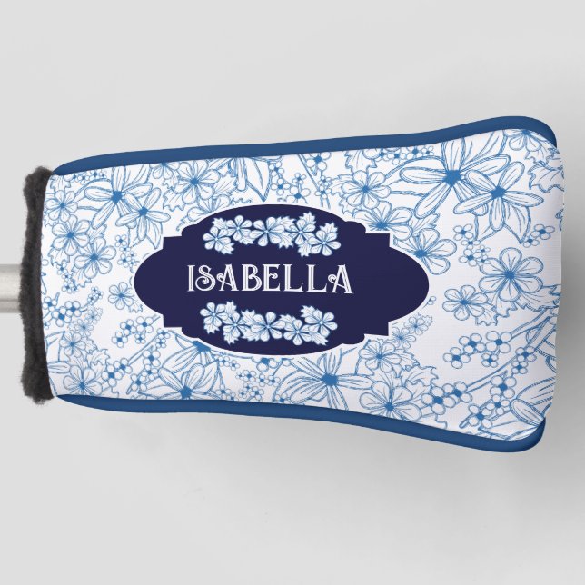 Personalised Name Feminine Blue Floral Pattern Golf Head Cover (Front)