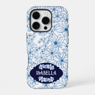 Personalised Name Feminine Blue Floral Pattern iPhone 16 Pro Case