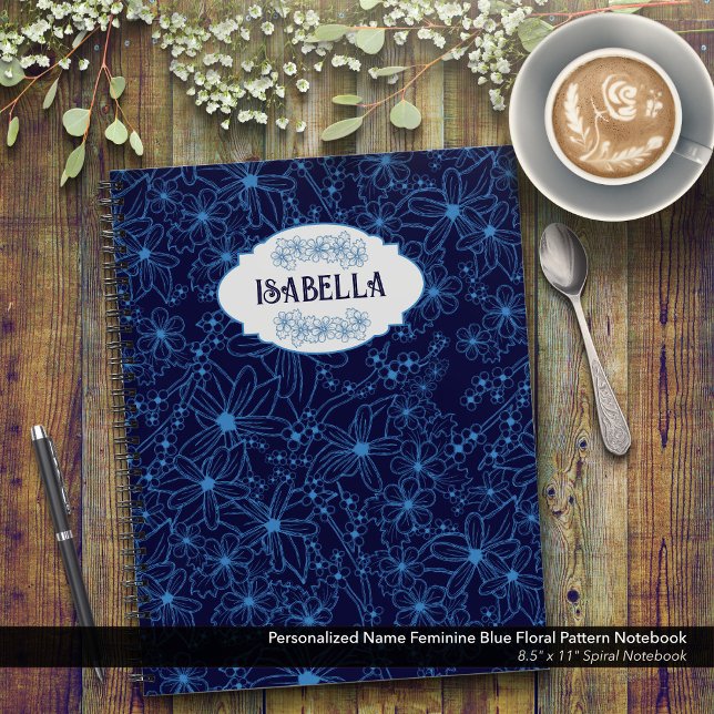 Personalised Name Feminine Blue Floral Pattern Notebook (Feminine Navy Blue Floral Pattern Spiral Notebook–Personalized with Your Name)