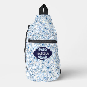 Personalised Name Feminine Blue Floral Pattern Sling Bag