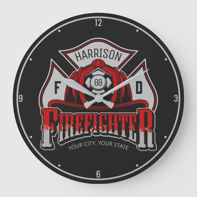 Personalised NAME Firefighter Helmet Fire Rescue Large Clock (Front)