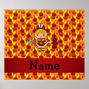 Personalised name fireman flames pattern poster