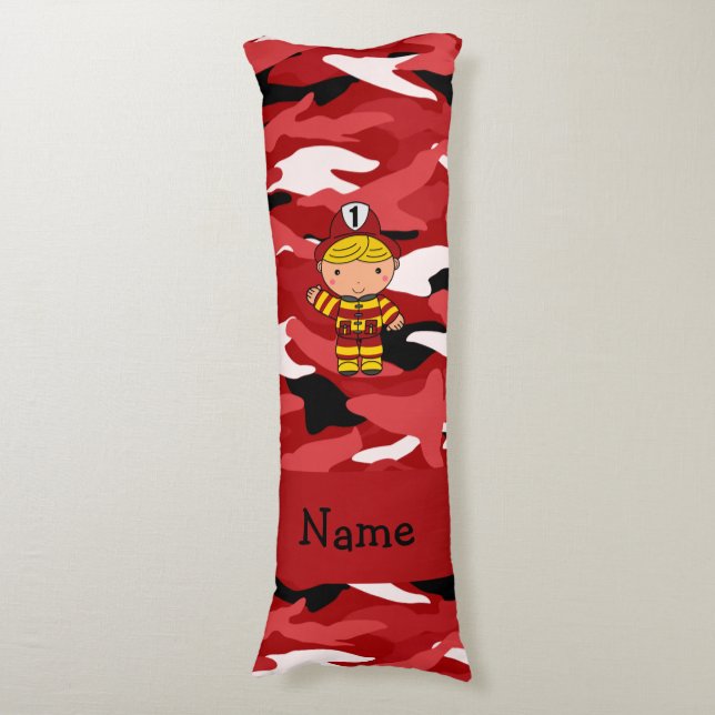 Personalised name fireman red camo body cushion (Front Vertical)