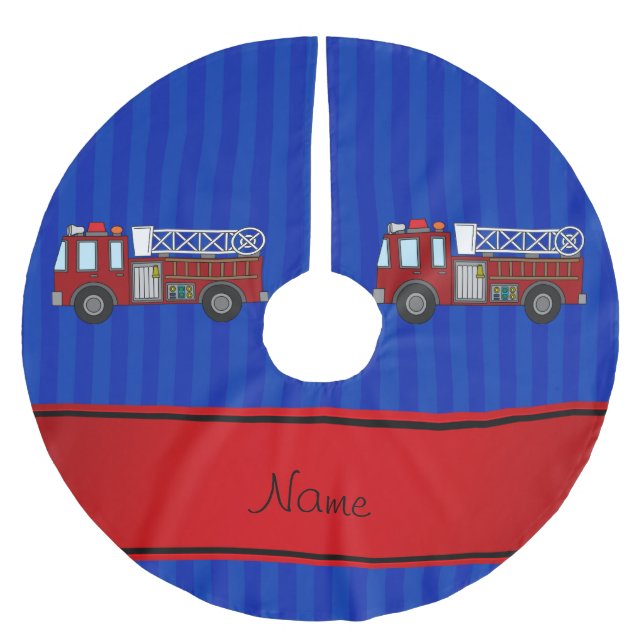 Personalised name firetruck blue stripes brushed polyester tree skirt (Front)