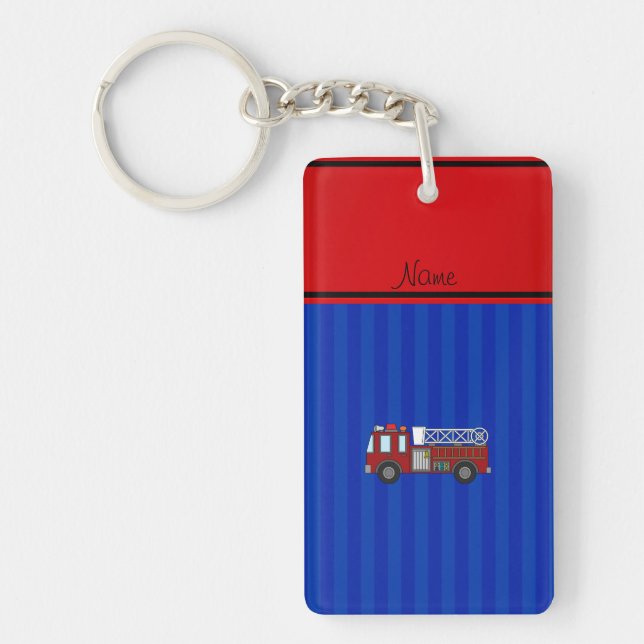 Personalised name firetruck blue stripes key ring (Front)