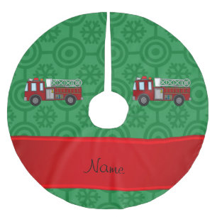 Personalised name firetruck green retro snowflakes brushed polyester tree skirt