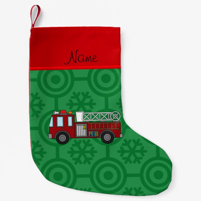 Personalised name firetruck green retro snowflakes small christmas stocking (Front)