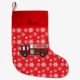 Personalised name firetruck red white snowflakes small christmas stocking