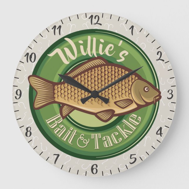 Personalised NAME Fish Bait Tackle Fishing Angler Large Clock (Front)