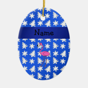 Personalised name flamingo blue snowflakes trees ceramic tree decoration