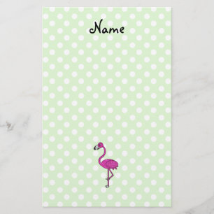Personalised name flamingo green polka dots stationery