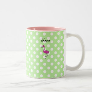 Personalised name flamingo green polka dots Two-Tone coffee mug