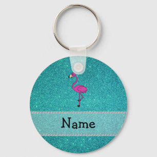 Personalised name flamingo turquoise glitter key ring