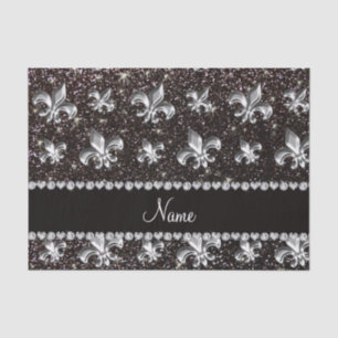 Personalised name fleur de lis black glitter tissue paper
