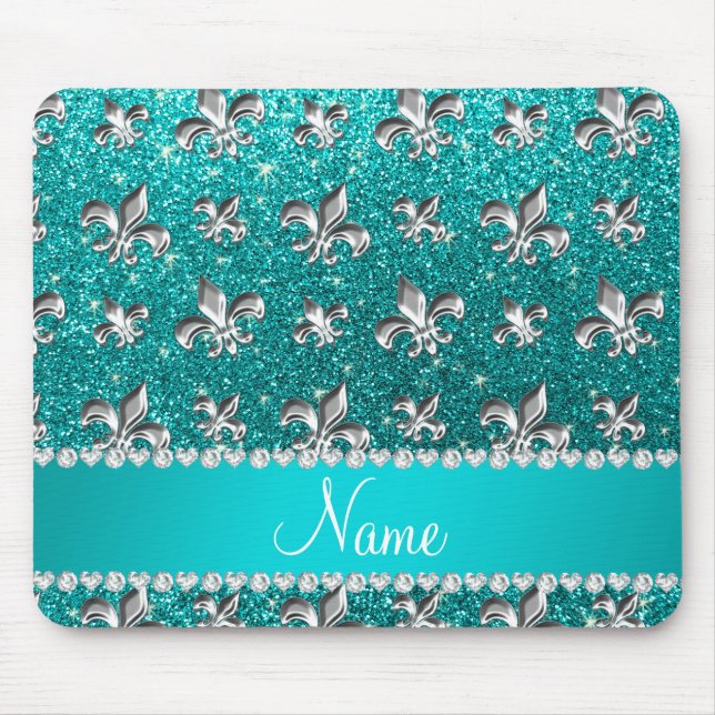 Personalised name fleur de lis bright aqua glitter mouse mat (Front)
