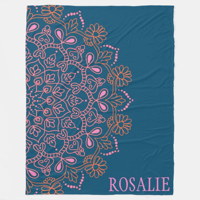 Personalised Name Floral Mandala Blue Pink Unique Fleece Blanket (Front)