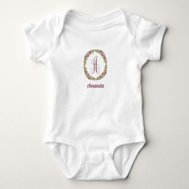 Personalised Name Floral Monogram A Baby Bodysuit (Front)