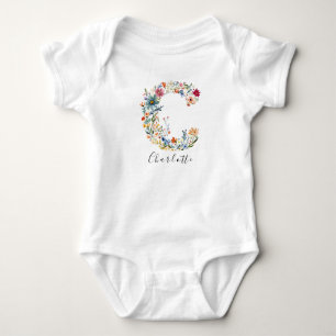 Personalised Name & Floral Monogram 'C' Baby Bodysuit
