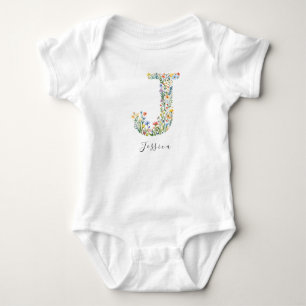 Personalised Name & Floral Monogram 'J' Baby Bodysuit