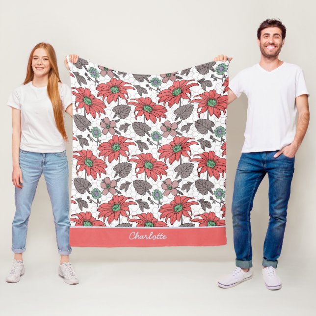 Personalised name floral seamless pattern pink  fleece blanket (In Situ)