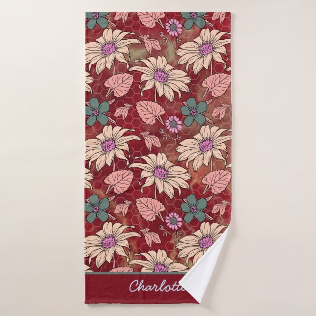 Personalised name floral seamless pattern red  bath towel (Bath Towel)