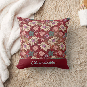 Personalised name floral seamless pattern red cushion