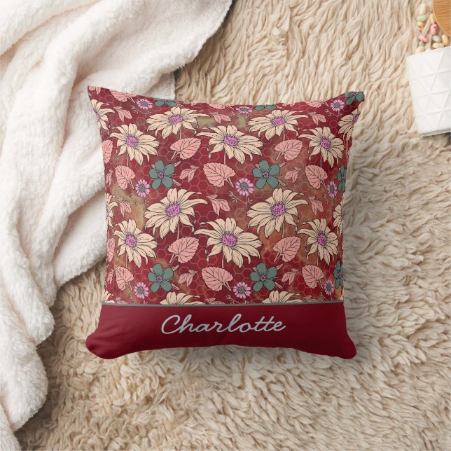 Personalised name floral seamless pattern red  cushion (Blanket)