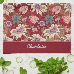 Personalised name floral seamless pattern red tea towel