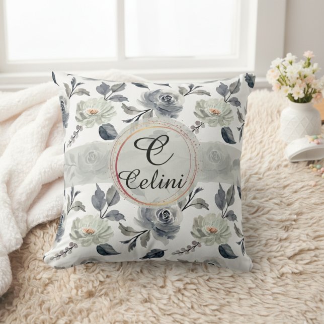 Personalised Name Floral Watercolor Throw Pillow (Personalized Floral Watercolor Throw Pillow with Elegant Seamless Pattern)