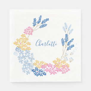Personalised Name Floral Wreath Pastel Pink Blue Napkin